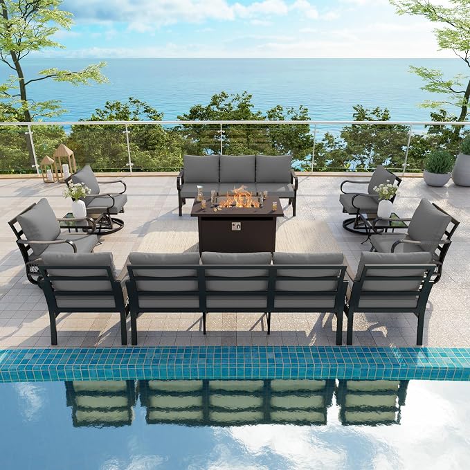 11-Piece Outdoor Furniture Set, Metal Swivel Rocking Chairs with All-Weather Cushions, Patio Conversation Set with Fire Pit Table for Deck, Porch, Garden, Backyard, Poolside (Gray Cushions)