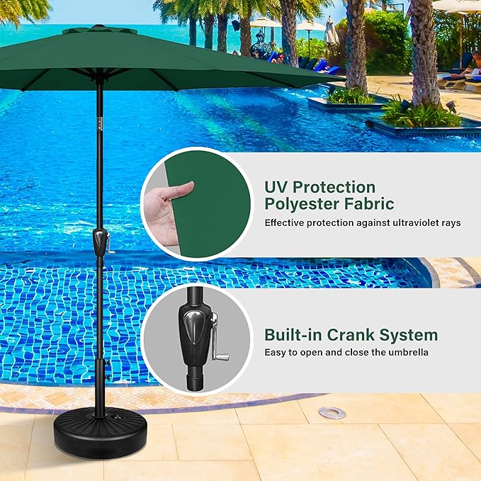 HealSmart 9ft Patio Umbrella with Push Button Tilt/Crank, Outdoor Table Market Yard Umbrella with 8 Sturdy Ribs for Garden, Backyard, Deck, Pool, Green