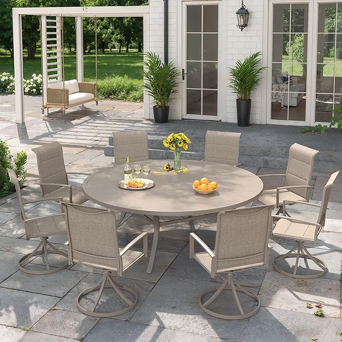 VICLLAX 9 Pieces Outdoor Dining Set, Patio Furniture Set Includes 60" Round Metal Table W/ 1.9" Umbrella Hole and 8 Padded Textilene Swivel Chairs for Porch, Lawn, Garden, Backyard