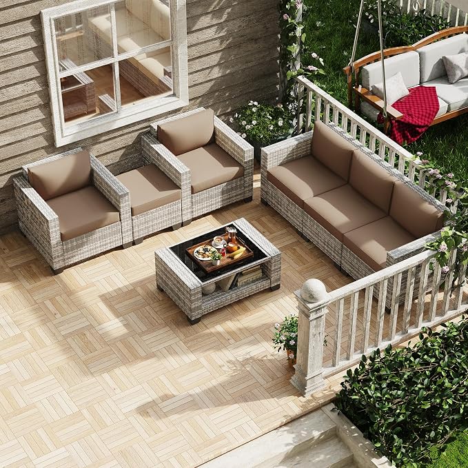 KIGOTY Patio Furniture Set 7 PCS Patio Conversation Sets, All-Weather PE Rattan Outdoor Sectional Sofa with Cushion and 2- Tier Glass Coffee Table（Grey White/Camel）