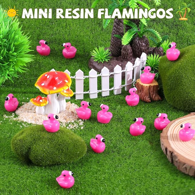 200PCS Mini Resin Animals Cute Rose Pink Tiny Flamingo Ducks, Miniature Figures to Hide, Small Animal Accessories Bulk for Topper Garden Dollhouse Landscape Aquarium Ornaments DIY Crafts & Decor