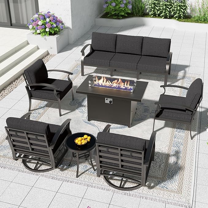 Aluminum Patio Furniture Set with 55,000 BTU Propane Fire Pit Table,7 Seats Metal Modern Outdoor Furniture w/5.1" Cushions,Patio Sectional w/Swivel Chairs for Patio,Backyard,Black