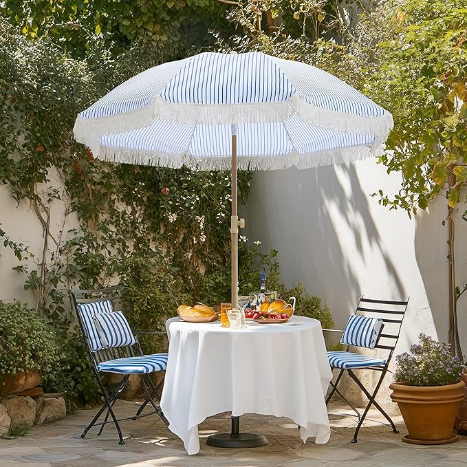 6.5FT Boho Patio Umberlla with Fringe,UPF50+ Outdoor Umbrella with Fiberglass Ribs and Push Button Tilt,Tassels Umbrella for Beach,Terrace,Picnic