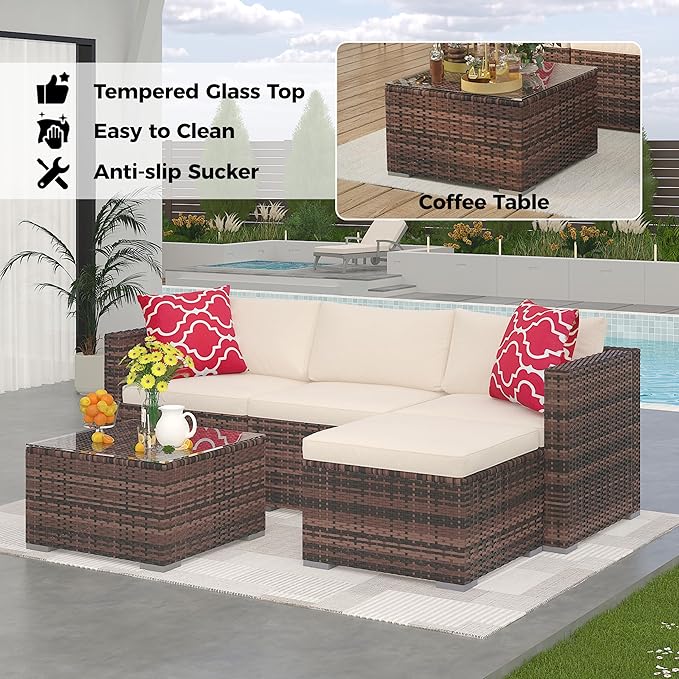 GAOMON 5-Piece Patio Furniture Set, All-Weather PE Rattan Sectional Sofa, Modular Outdoor Conversation Set with Metal Frame, Brown & Beige