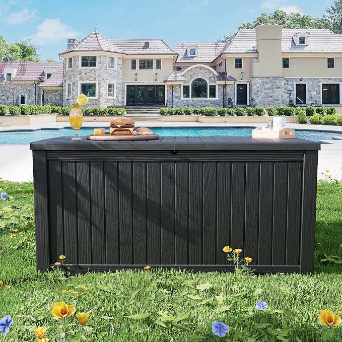 200 Gallon Waterproof Outdoor Storage Box, Lockable Deck Boxes With Handle, Indoor and outdoor Resin Storage Box for Garden Tools, Patio Cushions, Package Delivery, Black