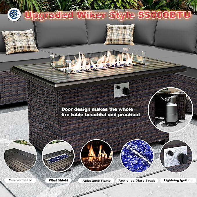 10 Pieces Patio Furniture Set with 2 Swivel Chairs Patio Furniture Outdoor Sectional Sofas with 55000 Gas Fire Pit Patio Conversation Set w/7 Cushions-Gary