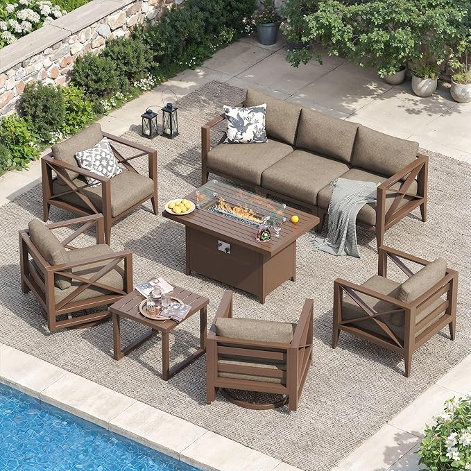 Aluminum Patio Furniture Set with Oversized Fire Pit Table, 9-Piece All-Weather Outdoor Conversation Set with Swivel Rocking Chairs, Oversized Modern Sofa for Backyard, Deck, Balcony-Brown