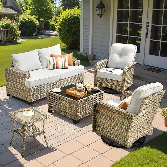 6 Pcs Outdoor Sectional Patio Furniture Set with Swivel Rocking Chair - All Weather Wicker Outside Sectional Couch,Patio Seating Outdoor Conversation Sets for Deck Yard,Grey