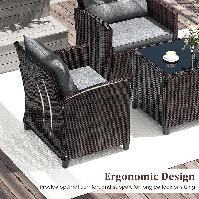 DORTALA Wicker Patio Furniture Set 3 Piece, Outdoor Table and Chairs with Tempered Glass Tabletop, Cushions, Small Rattan Conversation Sofa Set for Balcony, Porch, Backyard, Deck, Grey