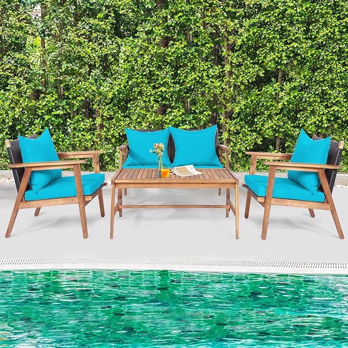 Tangkula 8-Piece Patio Furniture Set, Outdoor Acacia Wood Conversation Set with Cushions and Coffee Table, Outdoor PE Wicker Sectional Sofa Set for Garden, Poolside and Backyard (2, Turquoise)