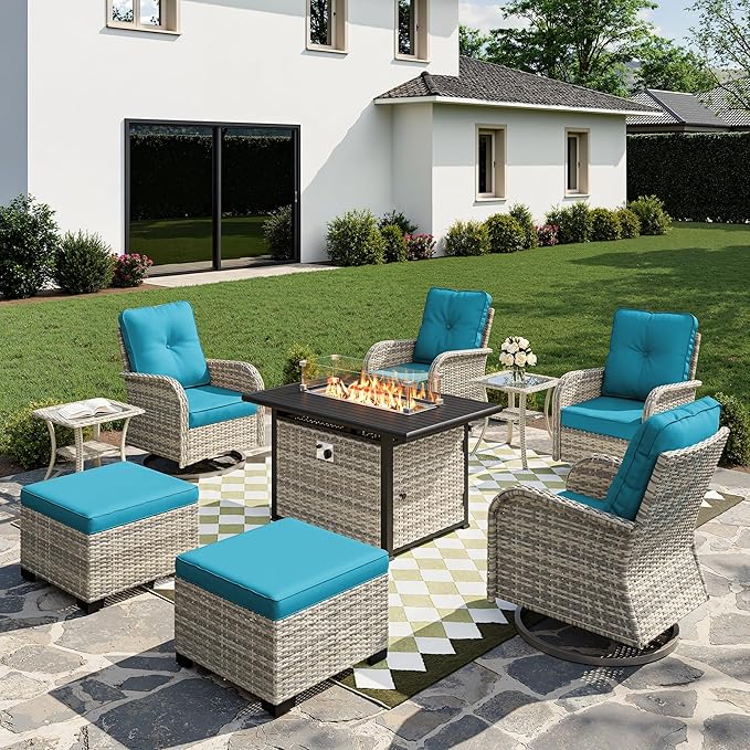 9-Piece Small Patio Furniture Set, Outdoor Swivel Rocking Chairs Set with 55,000 BTU Fire Pit Table Wicker Chairs and Ottomans, Patio Bistro Set for Balcony, Deck, Porch, Lake Blue