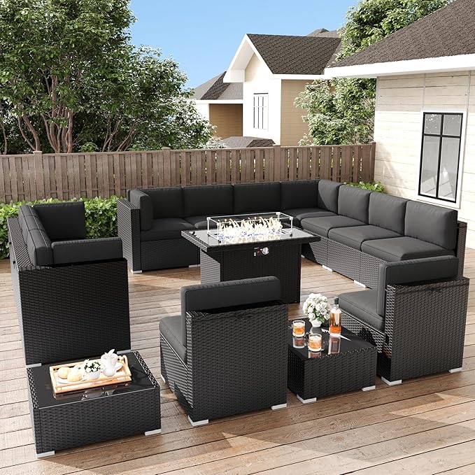 LayinSun 13 Pieces Patio Furniture Set with Fire Pit Table, Black Rattan Modular Sectional Outdoor Conversation Sofa Set, Swivel Rocking Chairs Set