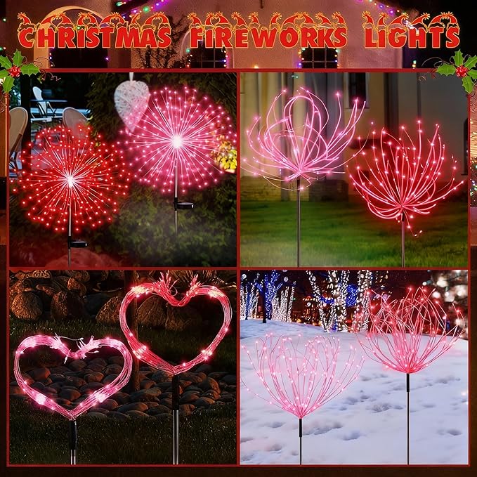 Tujoe 4 Pack Valentines Day Solar Firework Lights 180 LED 8 Lighting Modes Waterproof Solar Lamps Decorative Garden Stake Lights for Valentines Wedding Party Pathway Patio Decor