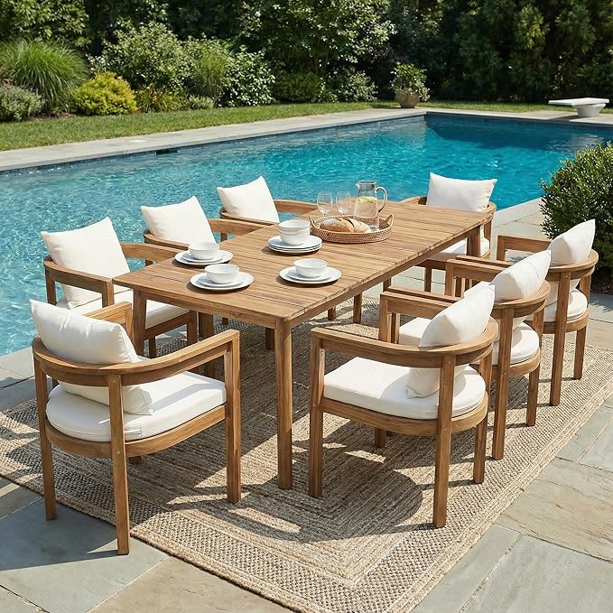 Christopher Knight Home Abaco Outdoor Acacia Wood Dining Table Set for 8, Outdoor Dining Set, Patio Table and Dining Chairs Set of 8 with Cushions, 9 Pieces Patio Set with Cushions, Beige and Teak