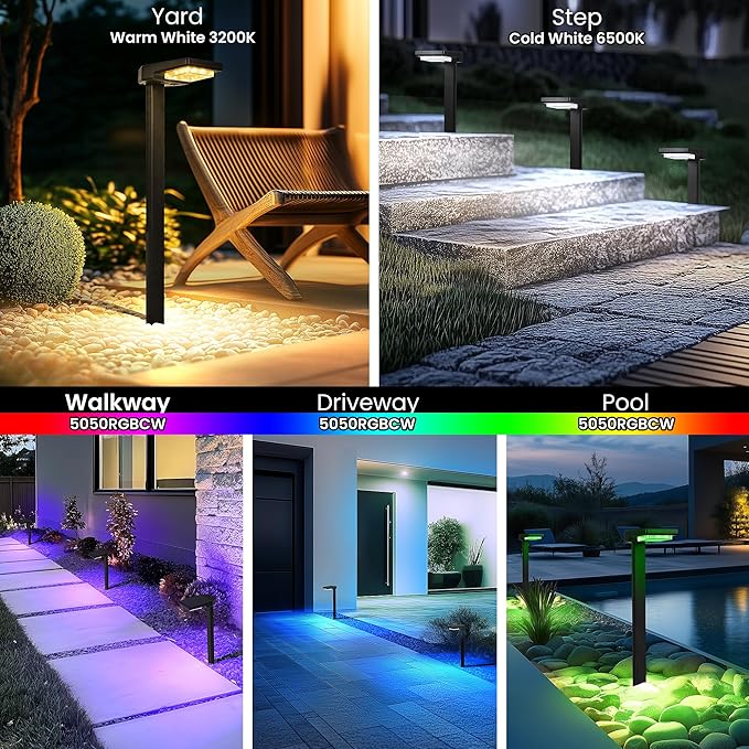 AUDERWIN 6 Pack Color Changing & Sync Smart Solar Pathway Lights, Solar Lights Outdoor Waterproof, 9 Modes (Warm White/Cool White/RGB) Landscape Lighting for Driveway, Walkway, Garden, Yard, Patio