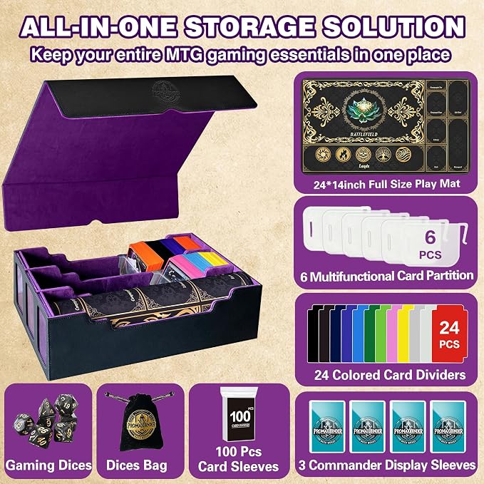 PROMAXIBINDER MTG Trading Card Storage Box with Playmat Fits 3000+ Cards, B-Row Commander Deck Case, 3 Display Windows, 6 Movable Partitions, 24 Dividers, for Magic/TCG/YuGiOh/Sport (Black&Purple)