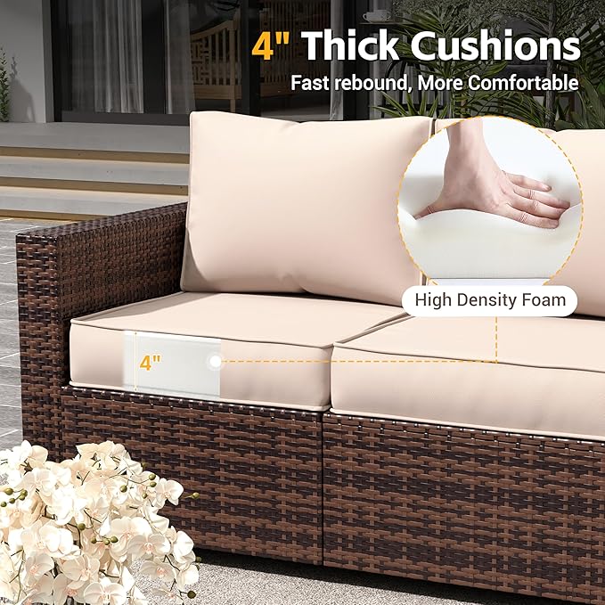 Amopatio Patio Furniture Set, Outdoor Furniture Wicker Rattan Sofa, Outdoor Sectional Set with Ottomans, Patio Conversation Set for Backyard (Khaki)