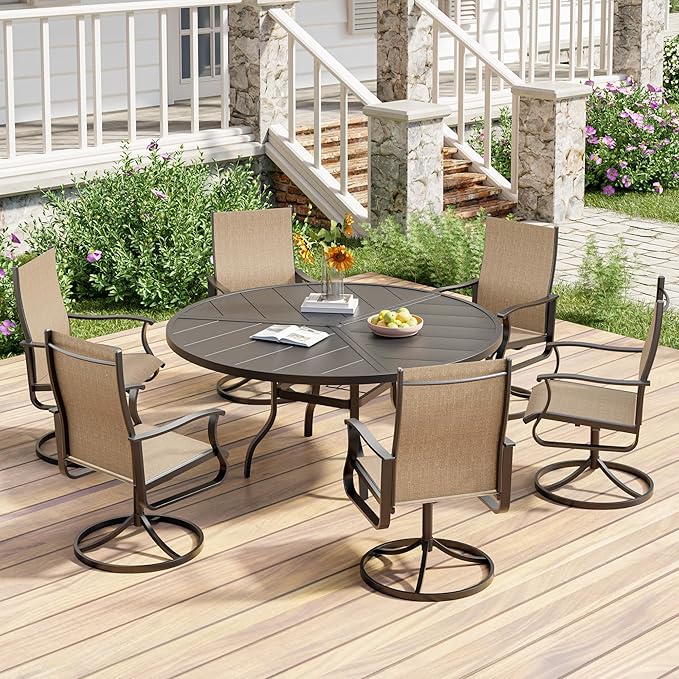 UDPATIO 7 Piece Outdoor Patio Table and Chairs Set with 51" Round Table & 6 Outdoor Swivel Rocker Chairs with High Back & Metal Frame, Patio Table with Chairs, Outdoor Patio Dining Set for Lawn