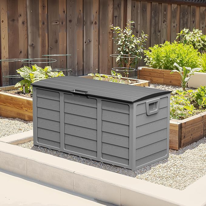 Crownland Outdoor 75 Gallon Storage Deck Box, Weatherproof Woodgrain Patio Storage Box for Balcony, Garden, Backyard (Grey)