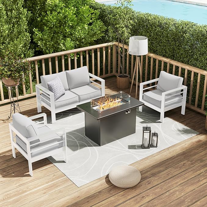 Amopatio Patio Furniture with Fire Pit, 5 Pcs Aluminum Outdoor Sectional Metal Patio Sofa Sets with Aluminum Fire Pit Table for Backyard,White(Included Waterproof Covers)