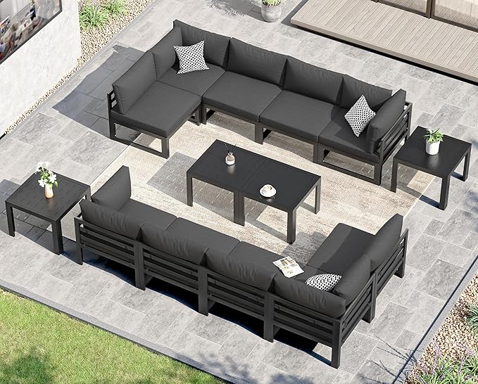 NICESOUL 14 Piece Oversized Modern Aluminum Outdoor Patio Furniture Set with Coffee Table, 29" Wide Deep L-Shaped Sectional Sofa, 500lbs Heavy Duty Comfortable Poolside Conversation Set, Dark Gray