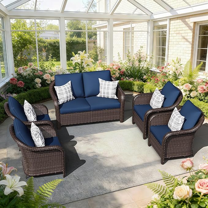 5 PCS Outdoor Conversation Set | 55" Couch, 4 Chairs, Patio Wicker Conversation Furniture with Removable Cushions for Bistro, Deck, Sunroom (Navy Blue)