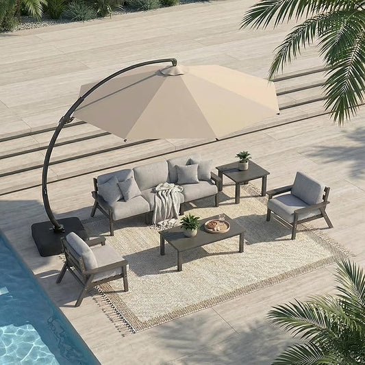 7 Piece Patio Conversation Sets, Outdoor Couch with Washable Thick Gray Cushions, HDPE Patio Furniture Set with 12FT Umbrella, Outdoor Sectional Furniture for Backyard (Grey Frame)