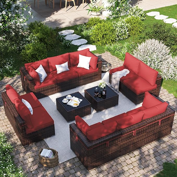 Patio Furniture Set, 12-Piece Outdoor Sectional with Waterproof Cover, All-Weather Wicker Patio Conversation Sets for Backyard (Brown with Red Cushion)