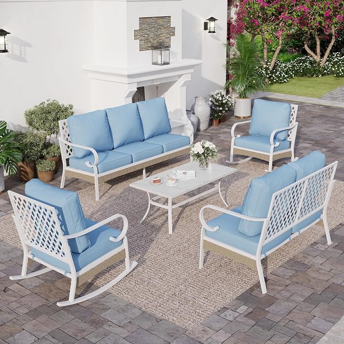 SUNSHINE VALLEY 6 Piece Metal Outdoor Patio Furniture Set, Patio Conversations Set 3-Seater Sofa, 2-Seater Sofa, 2 Rocking Chair with 5.75" Thick Cushion & Coffee Table White Backyard Furniture, Blue