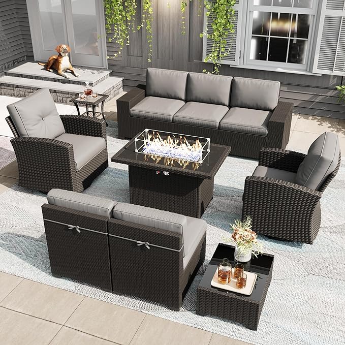 LayinSun 10 Pieces Patio Furniture Set with Fire Pit Table, Black Rattan Modular Sectional Outdoor Conversation Sofa Set, Swivel Rocking Chairs Set
