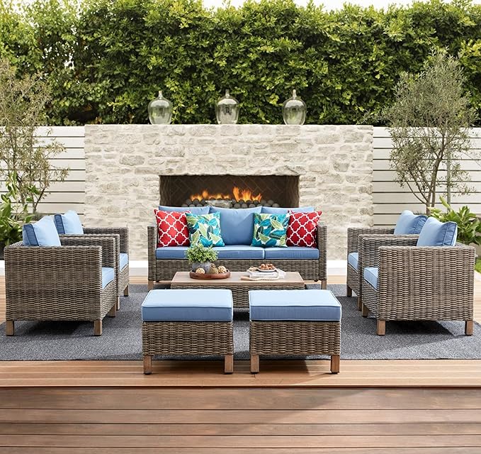 8 Pieces Patio Furniture Sets with Metal Top Coffee Table, All Weather Wicker Rattan Sectional Sofa Outdoor Furniture Conversation Set for Porch, Poolside, Garden, Backyard. (Blue)
