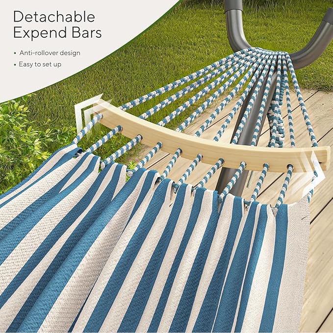 600lbs Hammock with Stand for Outside, 2 Person Portable Hammock with Side Storage, Carrying Bag, Expend Wooden Bar for Outdoor or Indoor (Blue White)