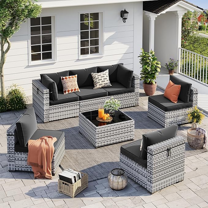 UDPATIO Outdoor Patio Furniture Set, 7-Piece PE Wicker Sectional Sofa with Tea Table, Outdoor Conversation Set for Patio, Garden, Backyard (Black Cushions with Grey Rattan)