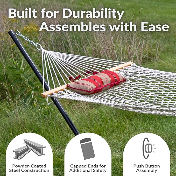 Sunnydaze Rope Hammock with Stand for Outside- 275-Pound Capacity - Includes 12-Foot Hammock Stand, Spreader Bar, Pad, and Pillow - Green Stripe