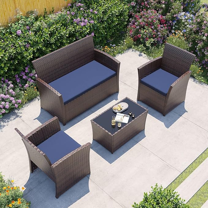 4 Piece Outdoor Patio Furniture Set, All-Weather Wicker Conversation Sets Include Coffee Table, Armchair, Loveseat, Sectional Furniture for Indoor Outdoor Backyard Pool Garden (Brown & Blue)