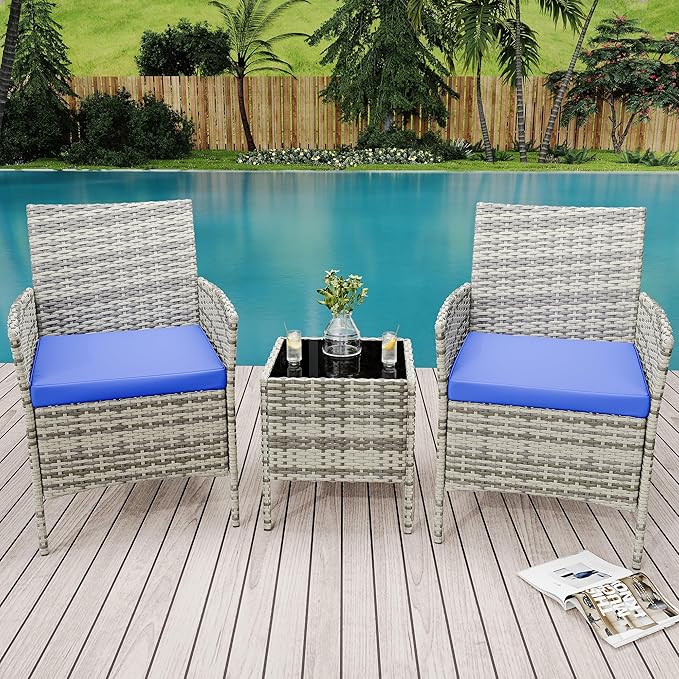 3 Pieces Patio Furniture Sets, Outdoor Wicker Conversation Sets with Soft Cushion and Glass Coffee Table, Modern Rattan Patio Chairs Conversation Sets for Garden, Balconies, Poolside (Grey/Blue)