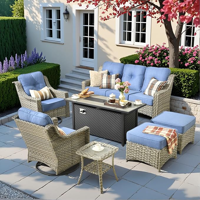 HOOOWOOO Patio Furniture Set,7 Pieces Wicker Outdoor Furniture,High Back Conversation Set with All Weather Resistant Fire Pit Table Couch Swivel Chairs Ottomans,Diamond Blue
