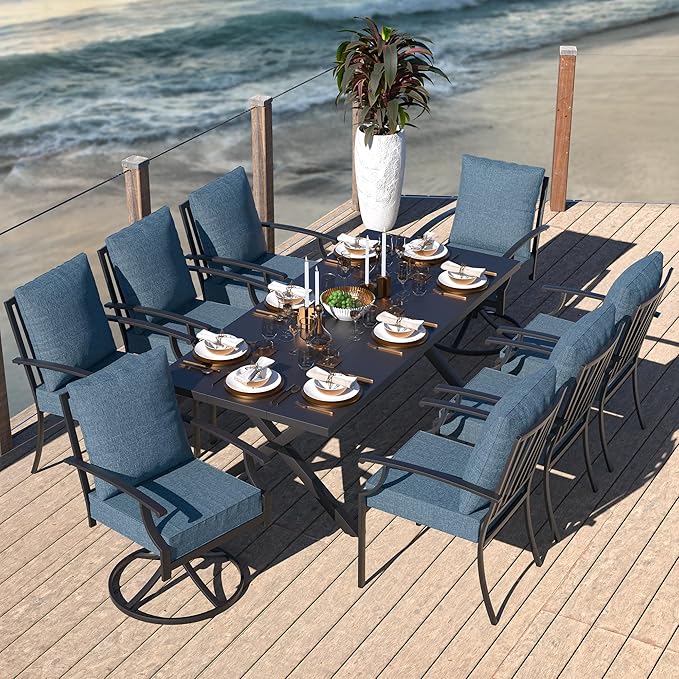 Kullavik 9 Pieces Outdoor Dining Set,Patio Dining Table and Chairs Set for 8,Fence Pattern Back Chairs with Thickened Cushions & Rectangular Metal Dining Table with Umbrella Hole for Patio,Navy Blue