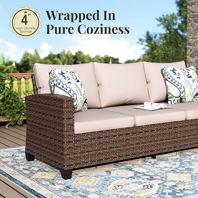 Swivel Glide Outdoor Patio Furniture Set, 6 Pcs Wicker Patio Conversation Set, 2 x Swivel Chairs, 1 x 3 Seater Sofa and 2 x Ottomans with 4" Thick Cushions and 56" Fire Pit Table, Beige