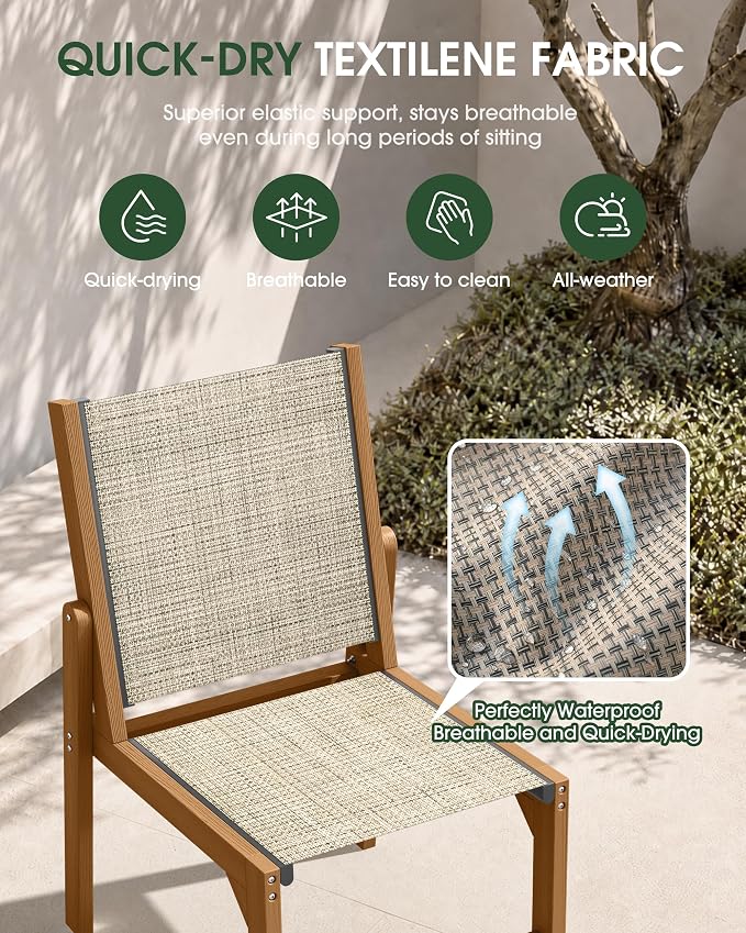HDPE Outdoor Patio Dining Set with Table & 6 Stackable Armless Textilene Chairs, All-Weather 7-Piece Dining Table Set with Umbrella Hole, Patio Furniture for Garden, Poolside, Backyard, Deck | Teak