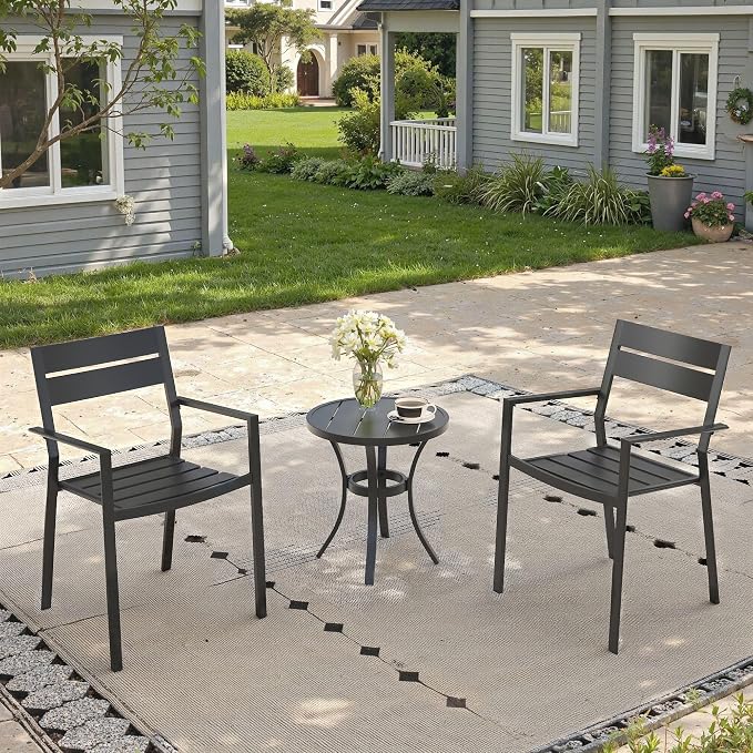 Small Patio Dining Set for 2, 18.5" Round Outdoor Side Table and Stackable Patio Dining Chairs Outdoor Furniture for Garden Deck Backyard, Black Table and Black Chairs