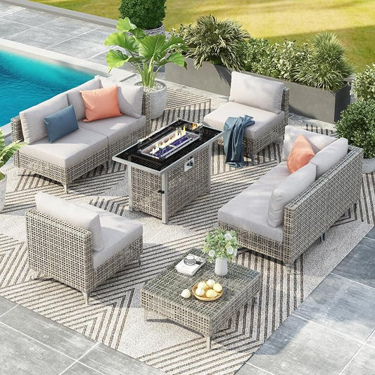 Patio 8-piece Patio Furniture Set with 43" Fire Pit Table, Outdoor Conversation Set & 60,000 Btu 43 Inch Rectangle Propane Fire Pit with Water Resistant Grey Thick Cushions, Grey