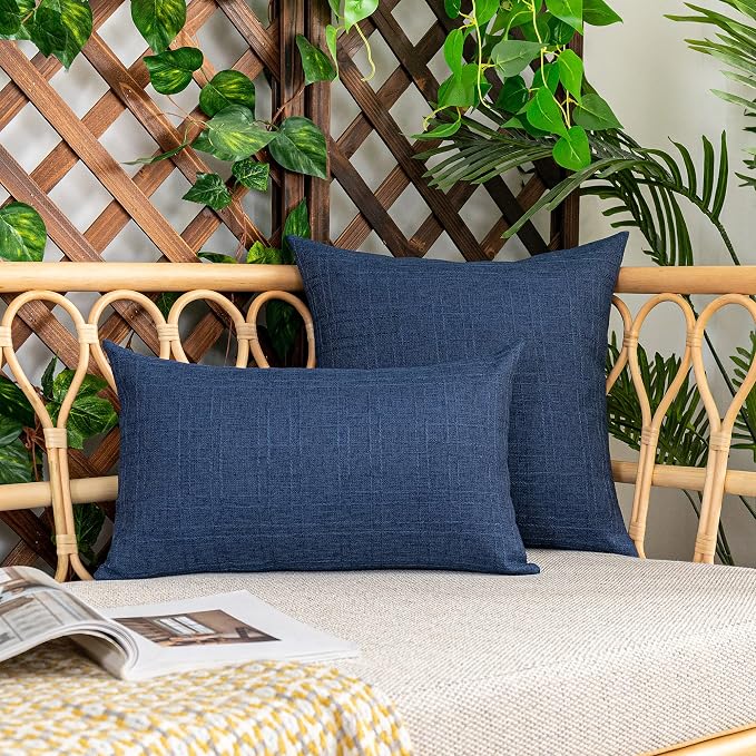 Kevin Textile Outdoor Waterproof 24”x24” Pillow Covers 2 Pack, Blue | Water Resistant, Soft Faux Linen-cotton Yarn-dyed Woven Texture Throw Pillow Covers for Tent Patio Garden Couch Sofa