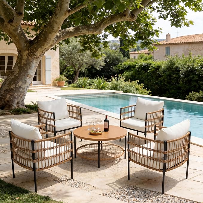 LAUSAINT HOME 5-Piece Outdoor Patio Furniture, All-Weather Wicker Patio Conversation Set with Thick Cushions and 2-Tier Coffee Table for Patio, Balcony, Backyard, Beige