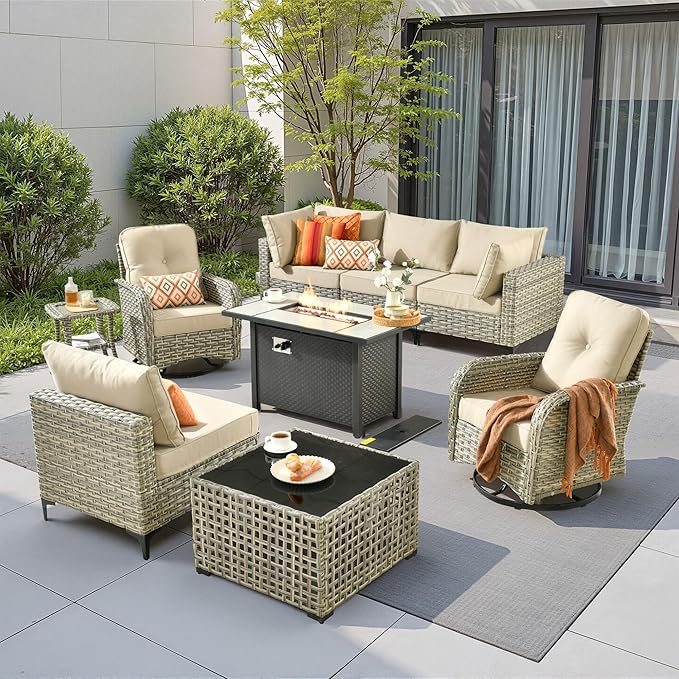 9 Pieces Outdoor Sectional Patio Furniture Set with 42" Fire Pit,Conversation Sets Rattan Wicker L Shaped Couch Swivel Rocking Chairs,Modular Outdoor Sofa for Porch Balcony Backyard Beige