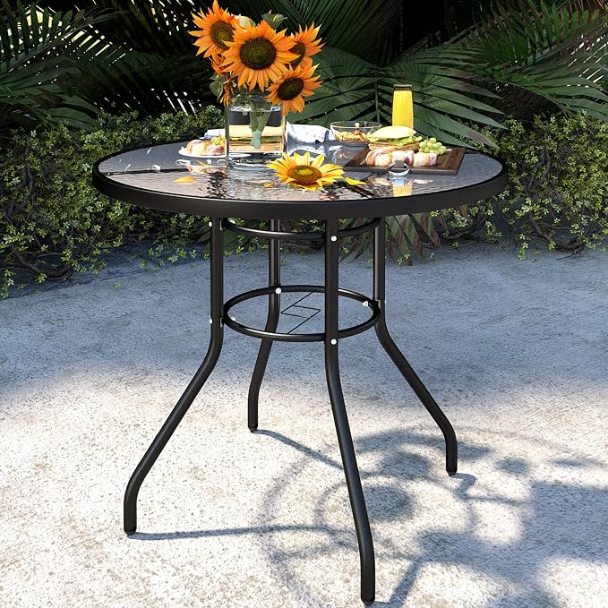 JINLLY 32 Inch Patio Table with Umbrella Hole, Round Glass Patio Table, Outdoor Bistro Dining Tables with Tempered Glass Tabletop and Metal Frame for Outside, Garden, Balcony