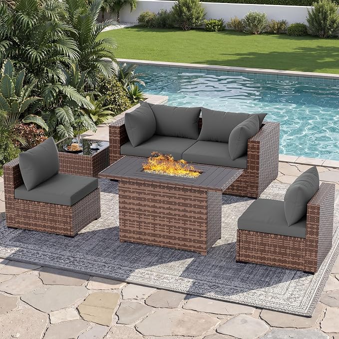 UDPATIO Patio Furniture Set with Fire Pit Table, 5 Piece Outdoor Sectional Sofas, All-Weather Wicker Conversation for Garden, Backyard, Grey