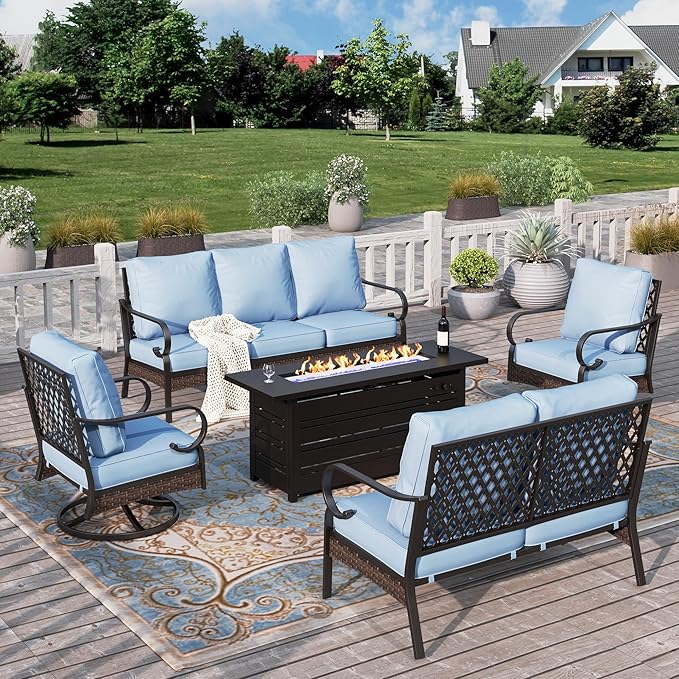 HERA'S HOUSE 5 Piece Metal Patio Furniture Set with 56" Fire Pit Table, All Weather Outdoor Conversation Set, 3 Seat Sofa with Loveseat, 2 Swivel Chairs, Seats 7 for Backyard, Garden, Deck, Blue