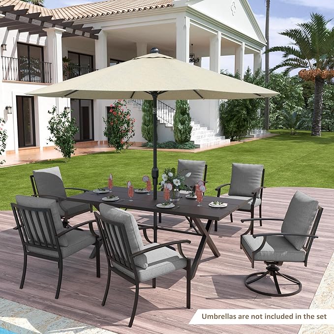 ALAULM 7-Piece Patio Dining Table and Chairs for 6 Outdoor Dining Set with 2 Swivel Chairs Patio Dining Sets with Rectangular Metal Table with Umbrella Hole for Patio, Backyard, Garden-Grey