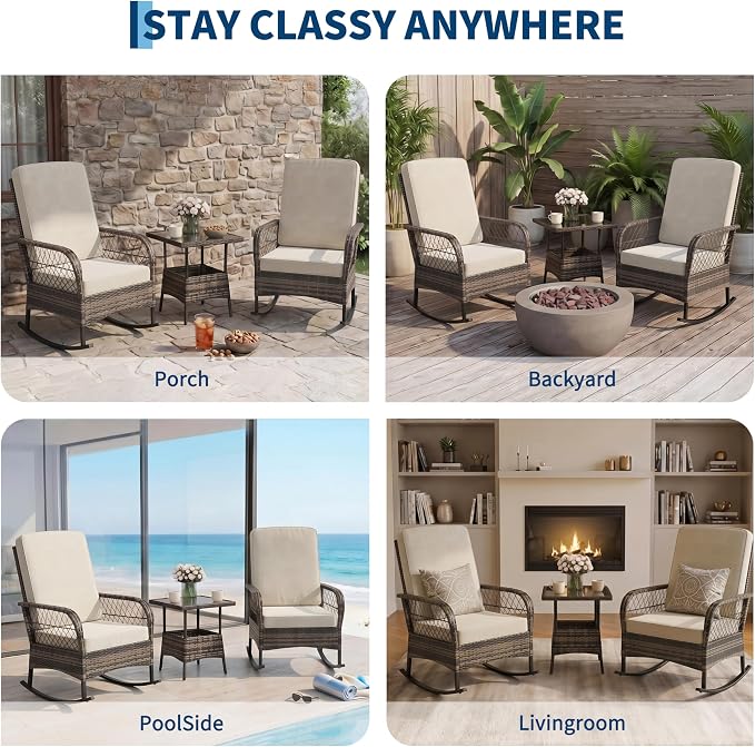 IDEALHOUSE 3 Piece Wicker Patio Rocking Chair Set, Outdoor Rattan Conversation Set with Coffee Table & Beige Cushions, All-Weather Bistro Furniture for Porch Garden and Balcony